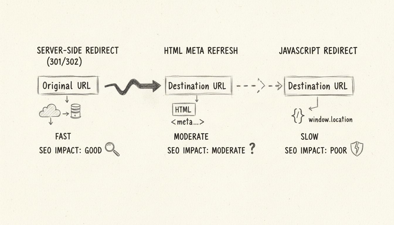 Diagrama comparativo de tres métodos de redirección: servidor, meta refresh en HTML y JavaScript mostrando velocidad e impacto SEO
