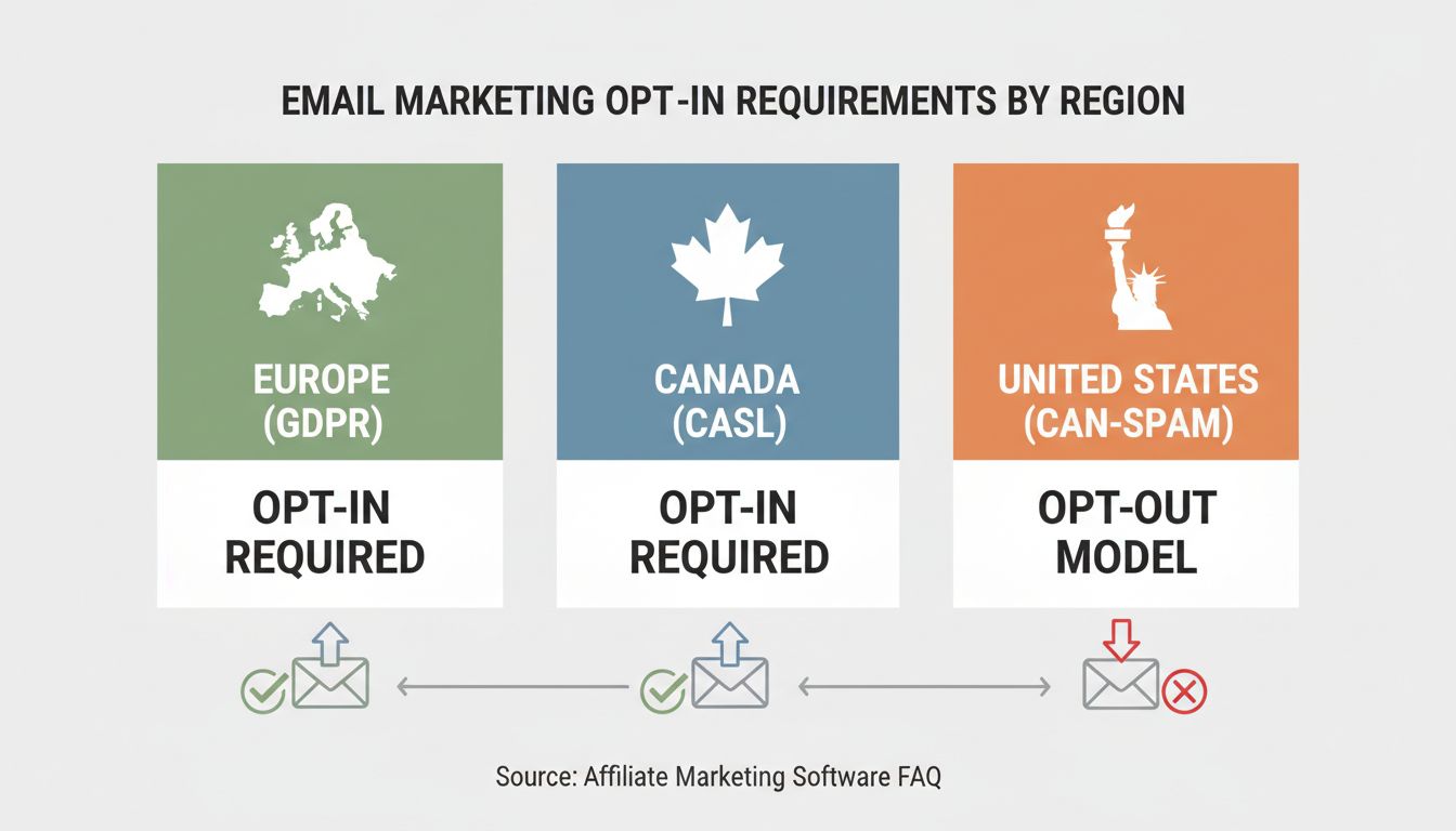 Requisitos de opt-in para marketing por correo electrónico por región: Europa RGPD opt-in obligatorio, Canadá CASL opt-in obligatorio, Estados Unidos CAN-SPAM modelo de exclusión