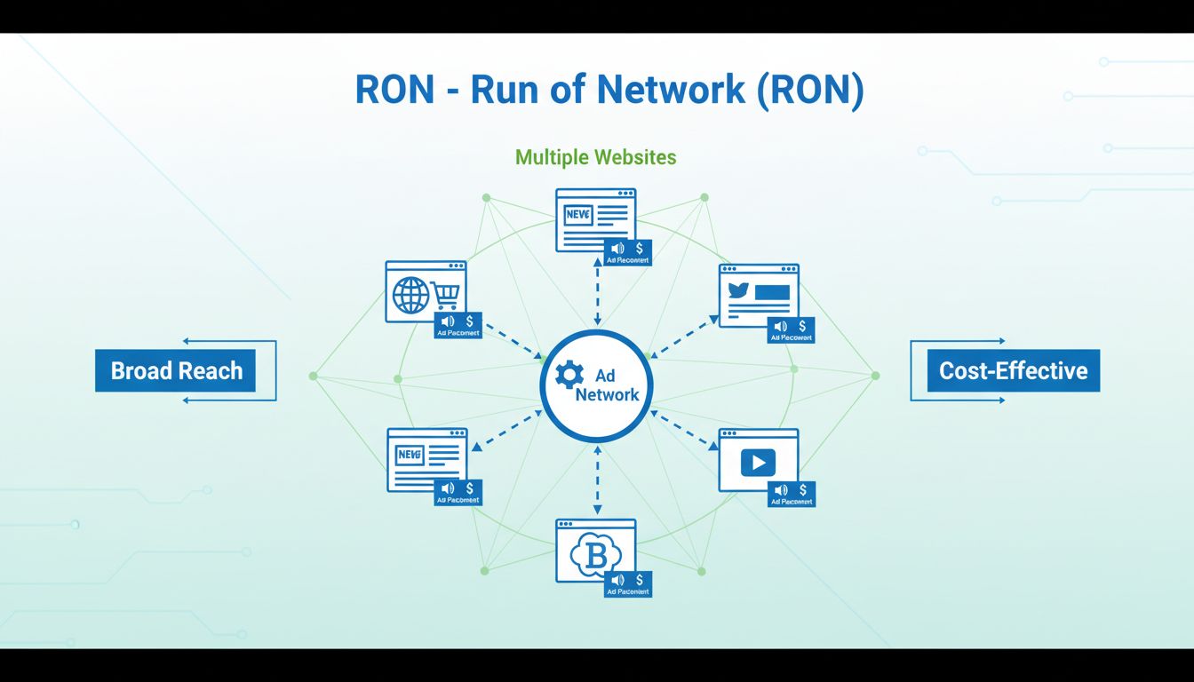 Diagrama de estrategia de publicidad RON Run of Network mostrando múltiples sitios web conectados en una red con ubicaciones de anuncios distribuidas entre ellos