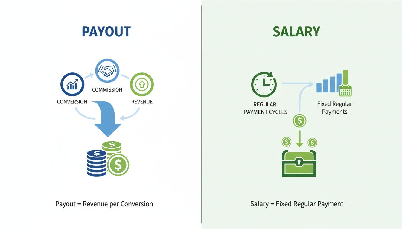 Infografía comparativa mostrando la diferencia entre pago de comisiones y salario en el marketing de afiliados