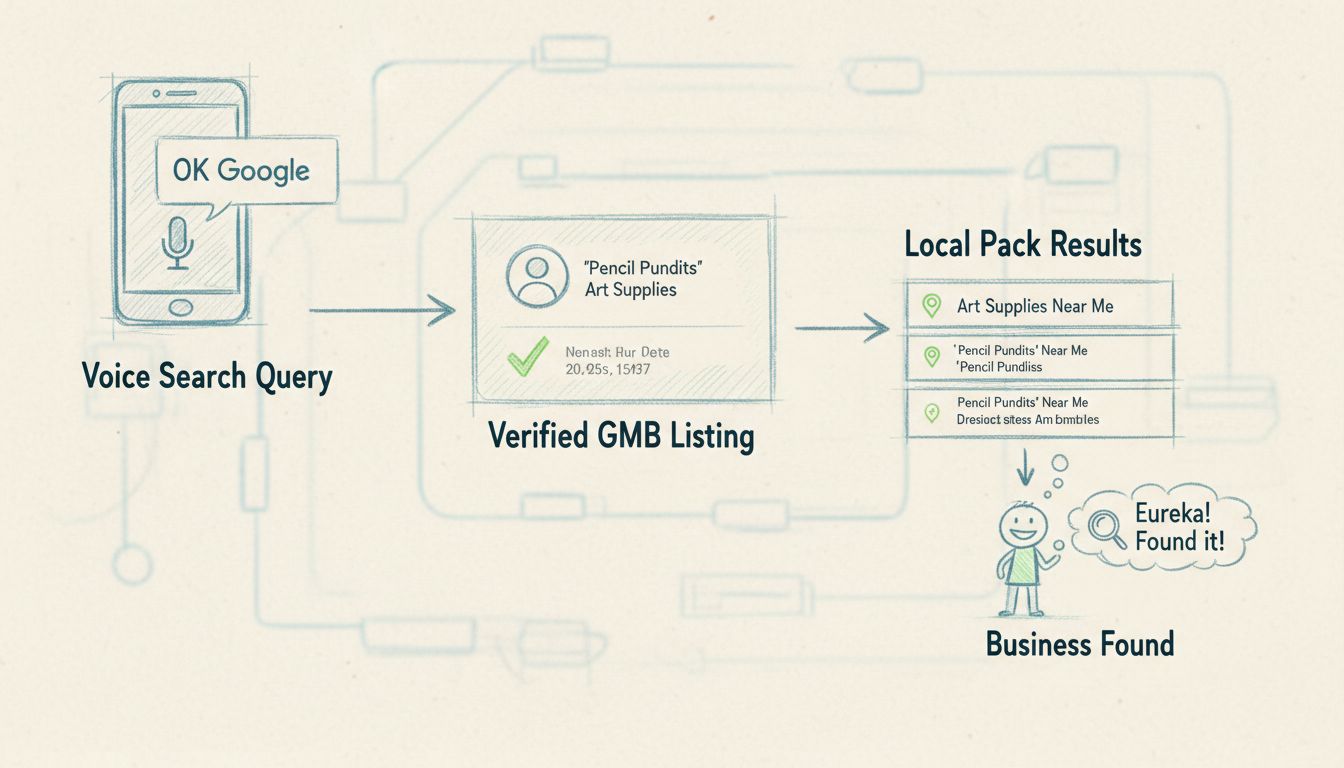 Google My Business verification process for voice search showing smartphone with voice search query, verified GMB profile card with checkmark, local pack results, and business discovery flow