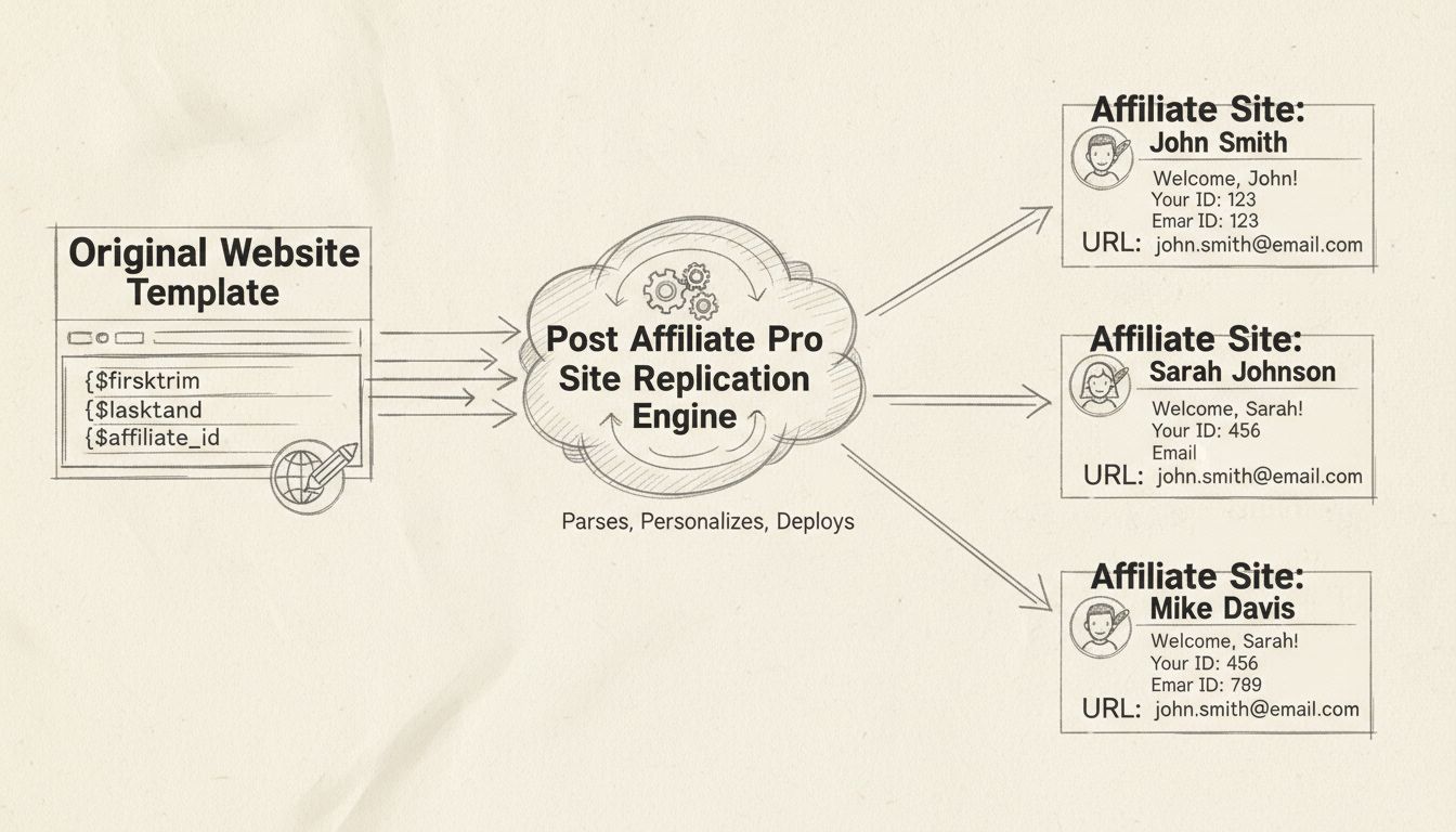 Diagrama del flujo de trabajo de replicación de sitios que muestra variables de plantilla personalizándose para múltiples afiliados