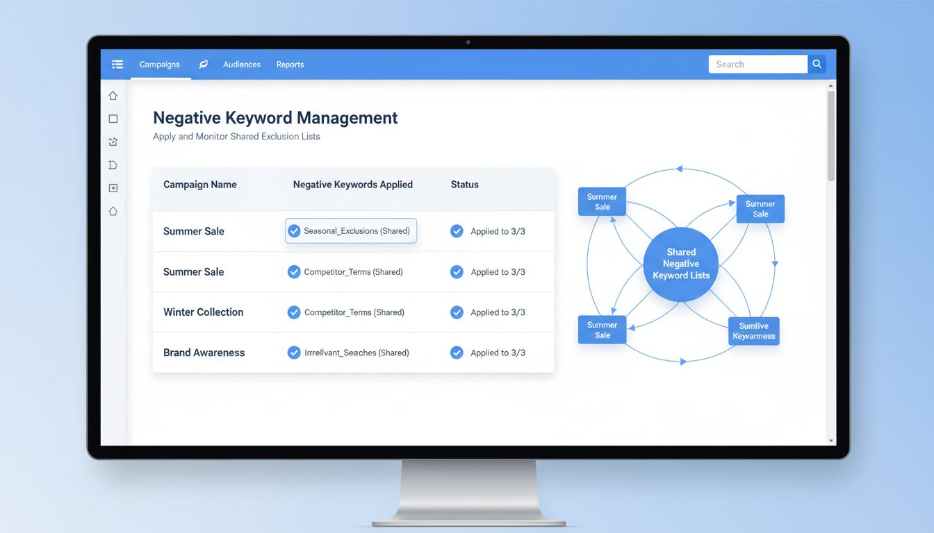 Panel mostrando la interfaz de gestión de palabras clave negativas con varias campañas y listas compartidas aplicándose simultáneamente