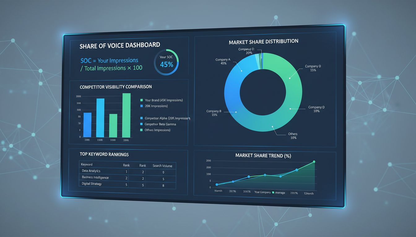 Tablero de cálculo SOC mostrando métricas de cuota de mercado, gráficos de análisis de competidores y la fórmula de share of voice