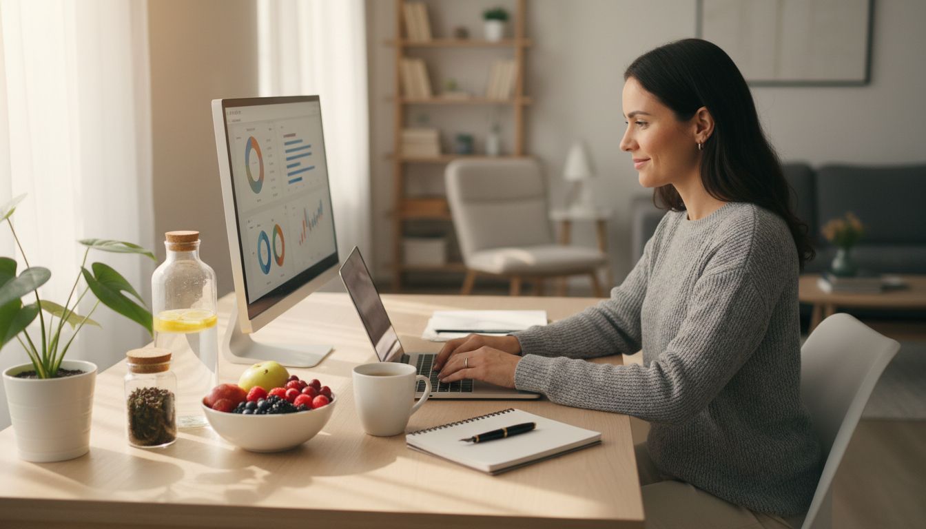 Afiliado productivo en oficina en casa con elementos de vida saludable como botella de agua, frutas frescas y espacio de trabajo organizado