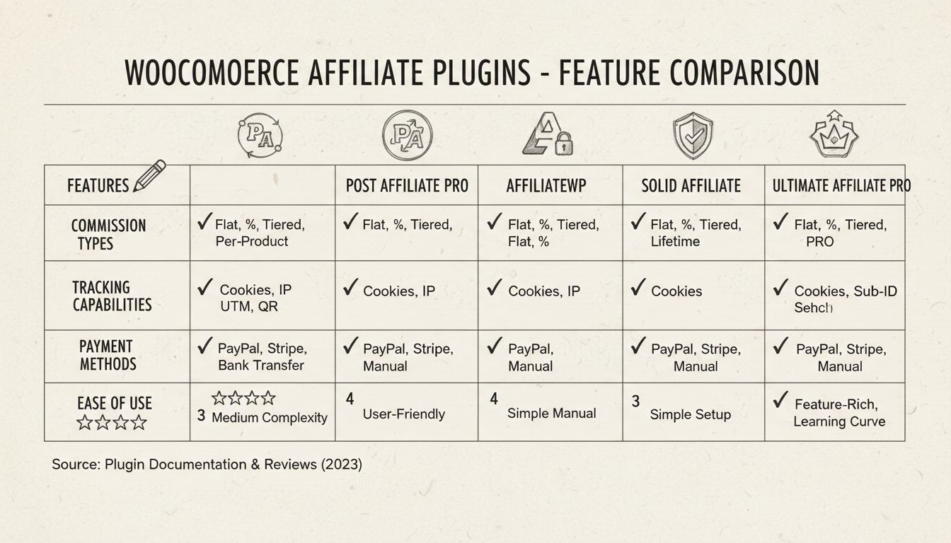Gráfico comparativo de plugins de afiliados para WooCommerce mostrando Post Affiliate Pro, AffiliateWP, Solid Affiliate y Ultimate Affiliate Pro