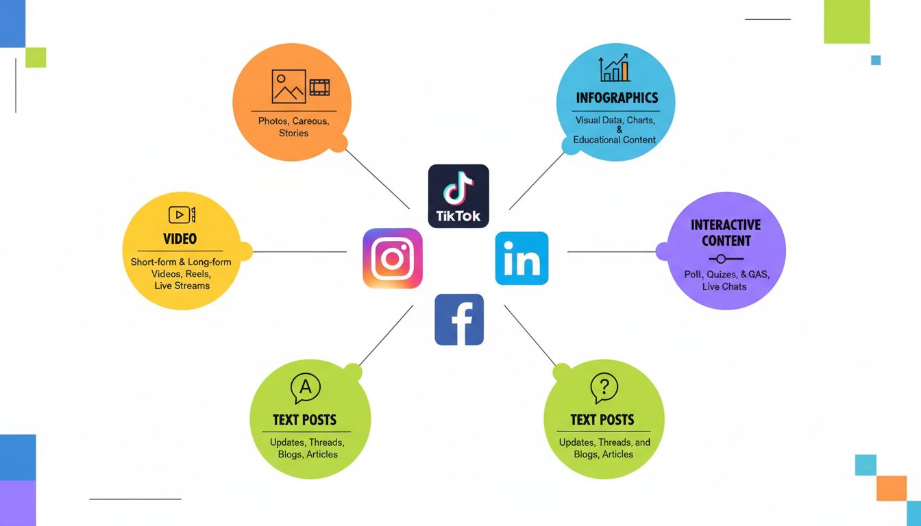 Infografía que muestra diferentes formatos de contenido en redes sociales, incluyendo video, imágenes, infografías, publicaciones de texto y contenido interactivo en múltiples plataformas sociales