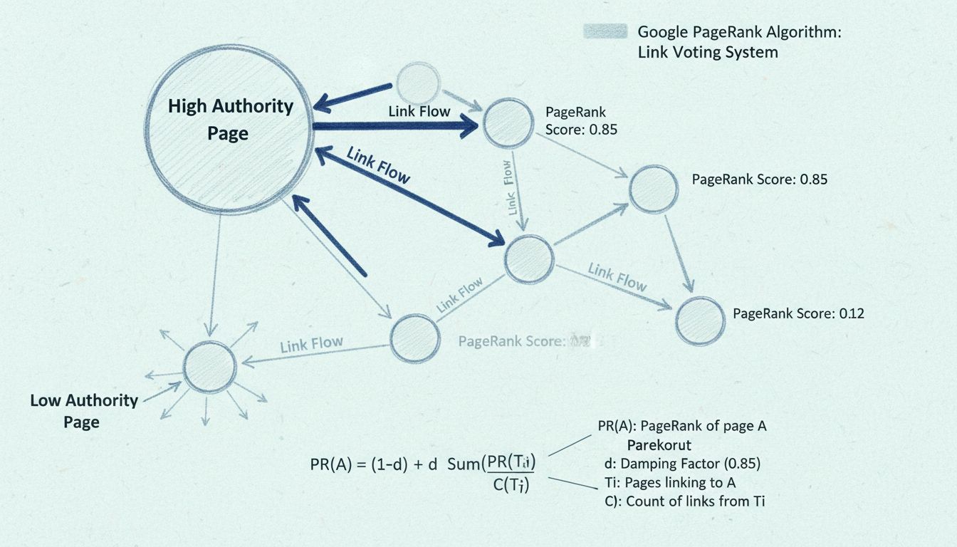 Visualización del algoritmo PageRank mostrando una red de páginas web interconectadas con flujo de enlaces y distribución de autoridad