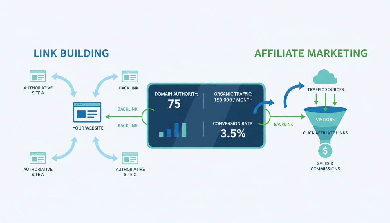 Diagrama de conexión entre link building y marketing de afiliados mostrando backlinks, flujo de tráfico y panel de métricas