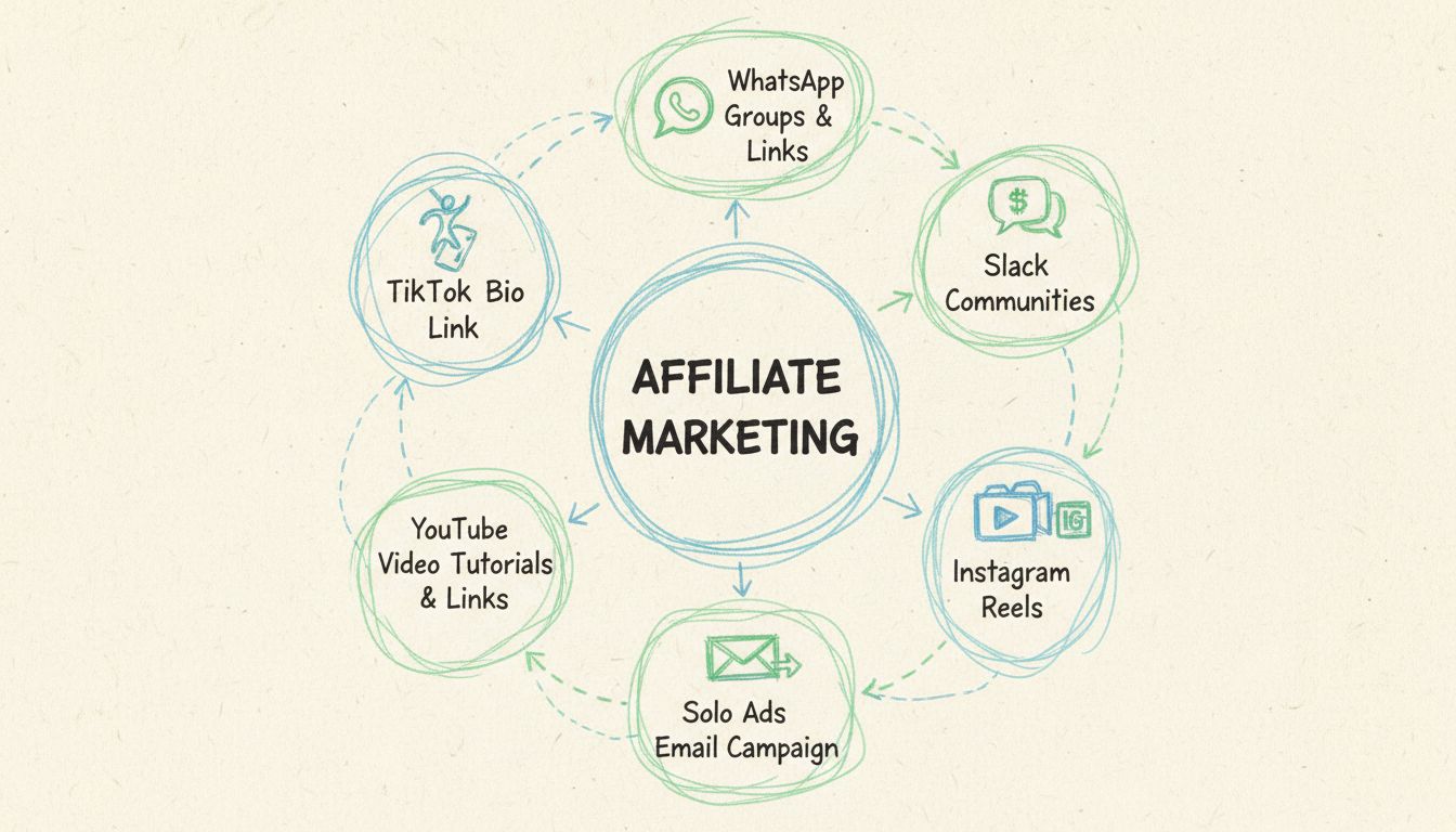 Diagrama a mano alzada que muestra métodos no estándar de marketing de afiliados incluyendo TikTok, WhatsApp, Slack, solo ads, tutoriales en YouTube e Instagram Reels dispuestos en un flujo circular