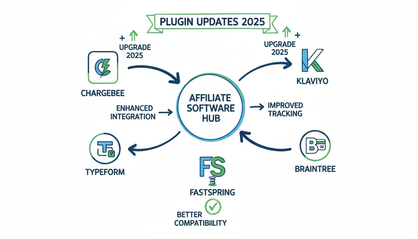 Diagrama del ecosistema de integración de plugins que muestra a Chargebee, Typeform, Klaviyo, Braintree y FastSpring conectados al hub de software de afiliados con flechas de flujo de datos e indicadores de actualización