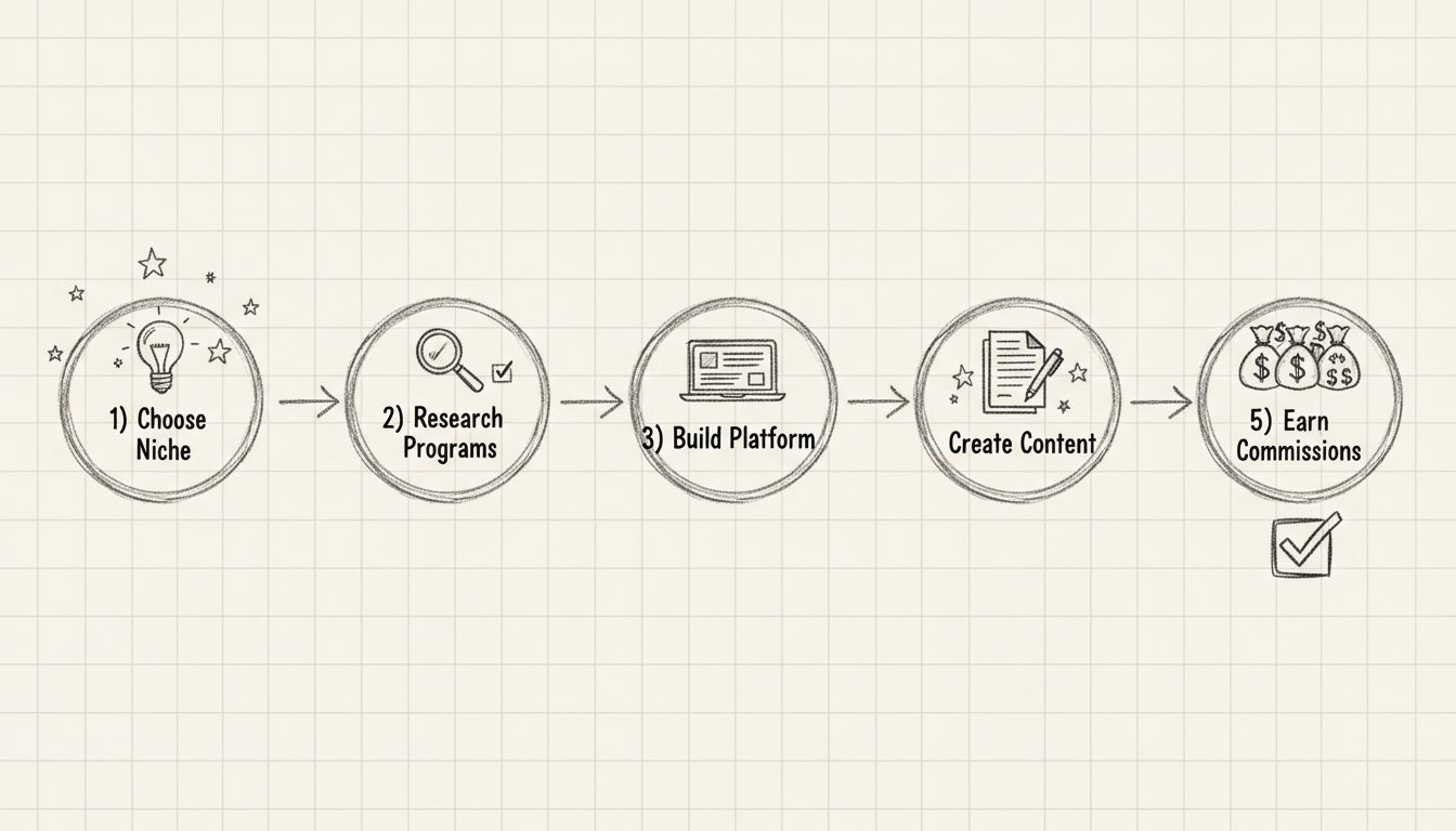 Diagrama de flujo del viaje de un comercializador de afiliados principiante mostrando 5 pasos: Elegir nicho, Investigar programas, Construir plataforma, Crear contenido y Ganar comisiones