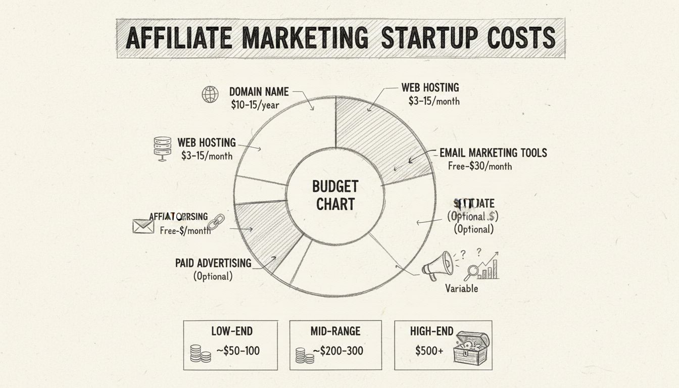 Hand-drawn pencil diagram showing affiliate marketing startup costs breakdown with budget tiers