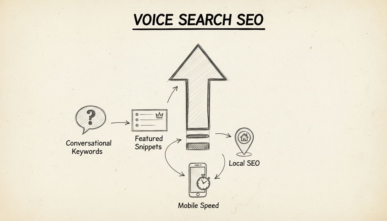 Diagrama de Estrategia de Optimización para Búsquedas por Voz mostrando palabras clave conversacionales, fragmentos destacados, SEO local y optimización de velocidad móvil