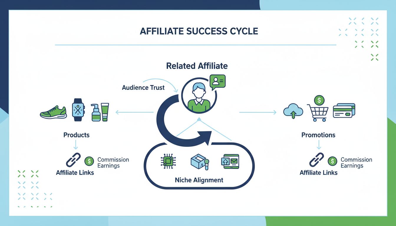 Diagrama de Marketing de Afiliados Relacionados mostrando alineación de nicho, confianza de la audiencia y ganancias por comisión