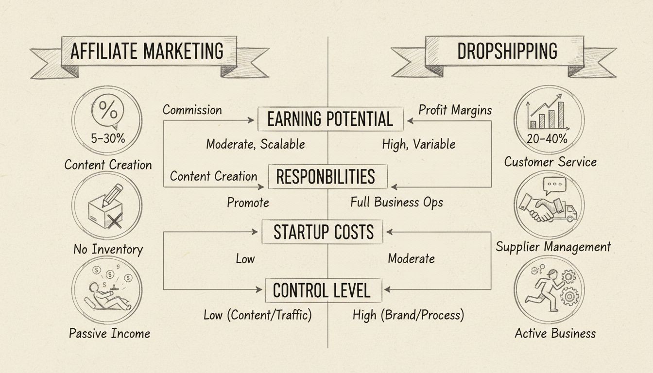 Diagrama comparativo dibujado a mano de marketing de afiliados vs dropshipping mostrando potencial de ganancias, responsabilidades y métricas clave