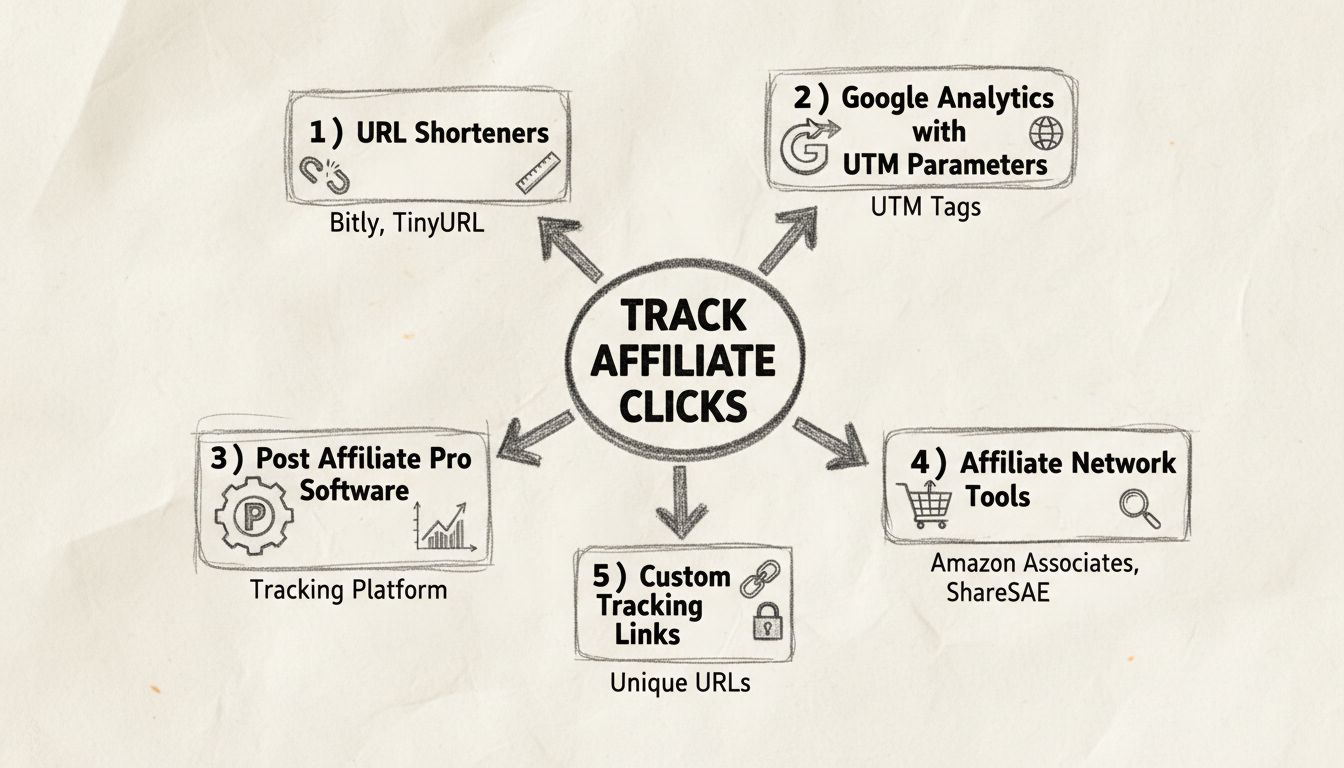 Diagrama de métodos de seguimiento de clics de afiliados que muestra acortadores de URL, Google Analytics, Post Affiliate Pro, redes de afiliados y soluciones de seguimiento personalizadas