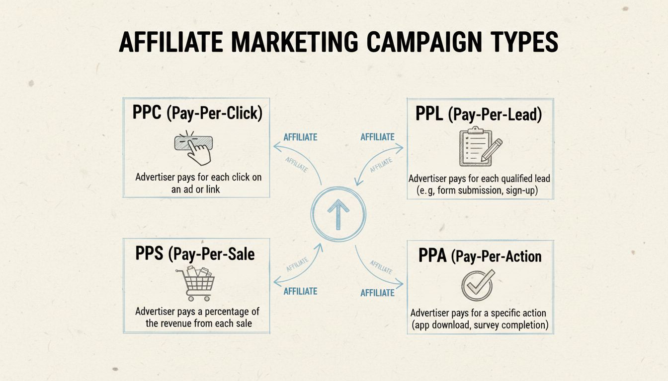Diagrama que muestra los diferentes tipos de campañas de marketing de afiliados, incluyendo modelos PPC, PPL, PPS y PPA