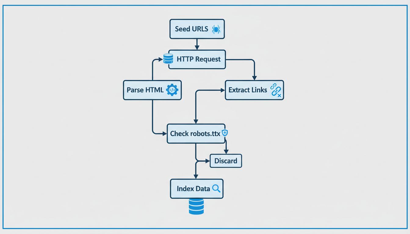Diagrama de flujo del proceso de un rastreador web mostrando URLs semilla, solicitudes HTTP, análisis HTML, extracción de enlaces, verificación de robots.txt e indexación en base de datos