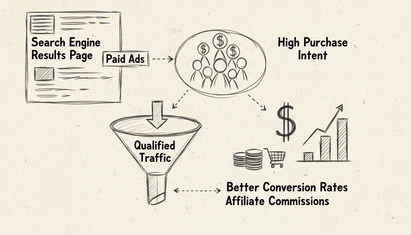 Diagrama dibujado a mano que muestra los beneficios del SEM para marketers de afiliados con resultados de búsqueda, usuarios con alta intención de compra, embudo de conversión y comisiones de afiliados