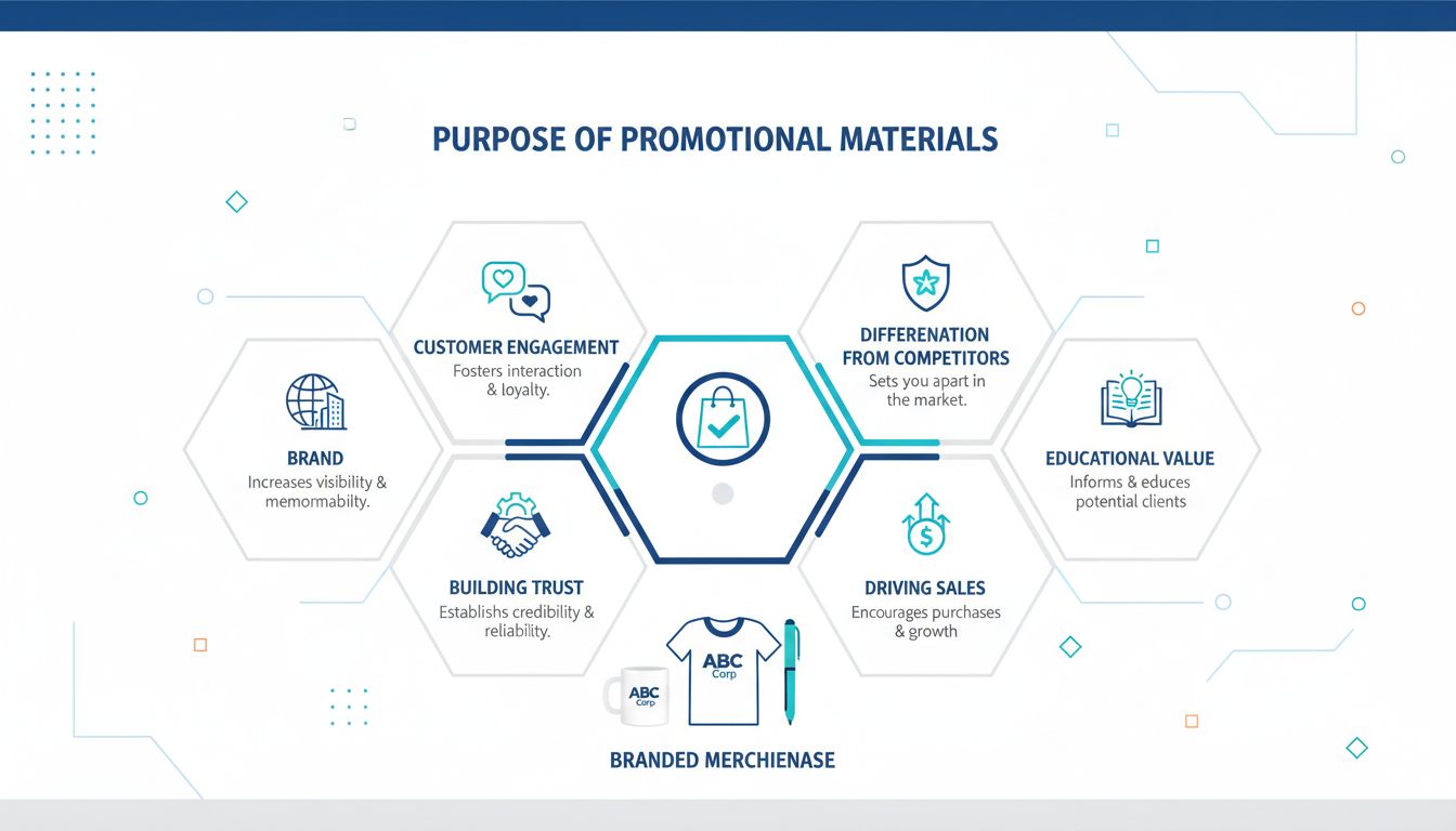 Infografía que muestra el propósito de los materiales promocionales con beneficios clave como reconocimiento de marca, participación del cliente, diferenciación, construcción de confianza, impulso de ventas y valor educativo