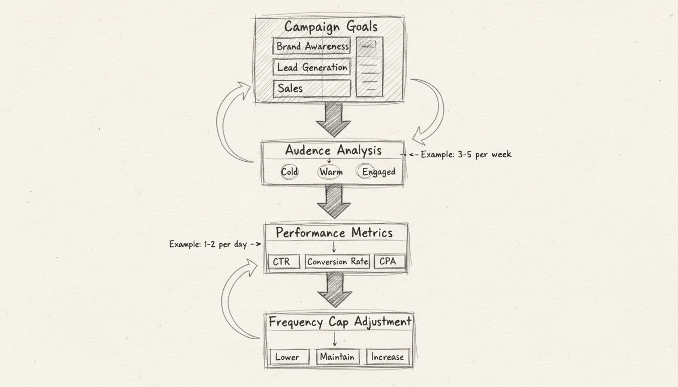 Diagrama de flujo para la optimización de límites de frecuencia mostrando metas de campaña, análisis de audiencia, métricas de rendimiento y proceso de ajuste de frecuencia