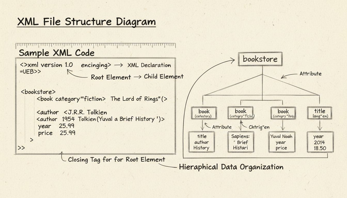 Diagrama de la estructura de un archivo XML mostrando etiquetas, elementos, atributos y organización jerárquica