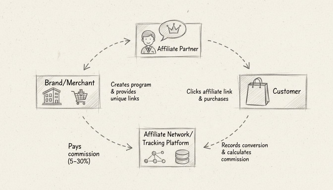 Diagrama del flujo de trabajo de un programa de socios afiliados que muestra el flujo circular entre marca, socio afiliado, cliente y plataforma de seguimiento