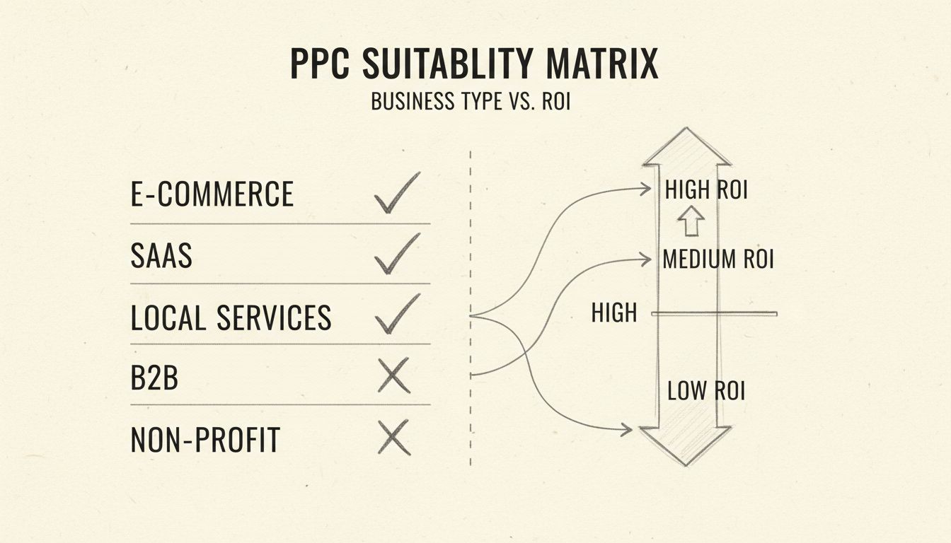 Matriz de idoneidad empresarial para publicidad PPC mostrando diferentes tipos de negocio e indicadores de ROI
