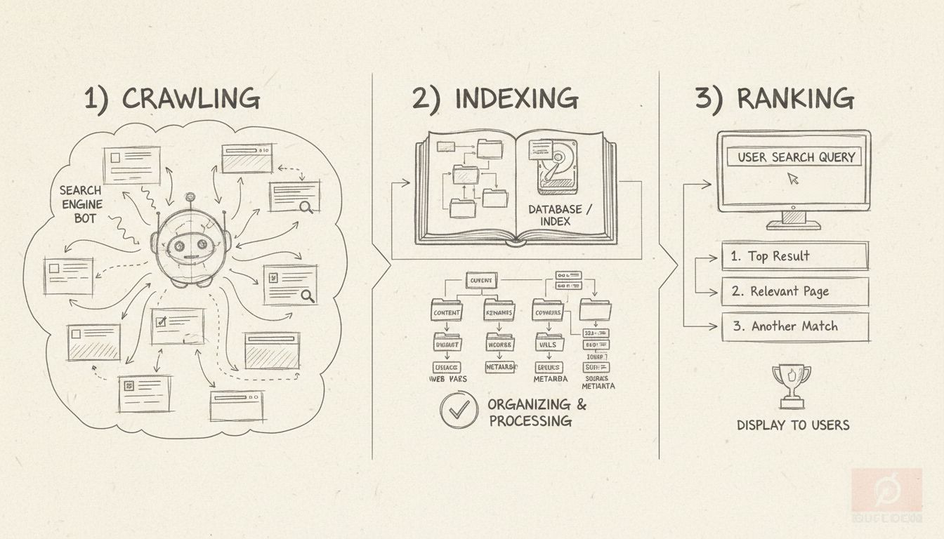 Diagrama de flujo del proceso de indexación SEO mostrando las etapas de rastreo, indexación y posicionamiento