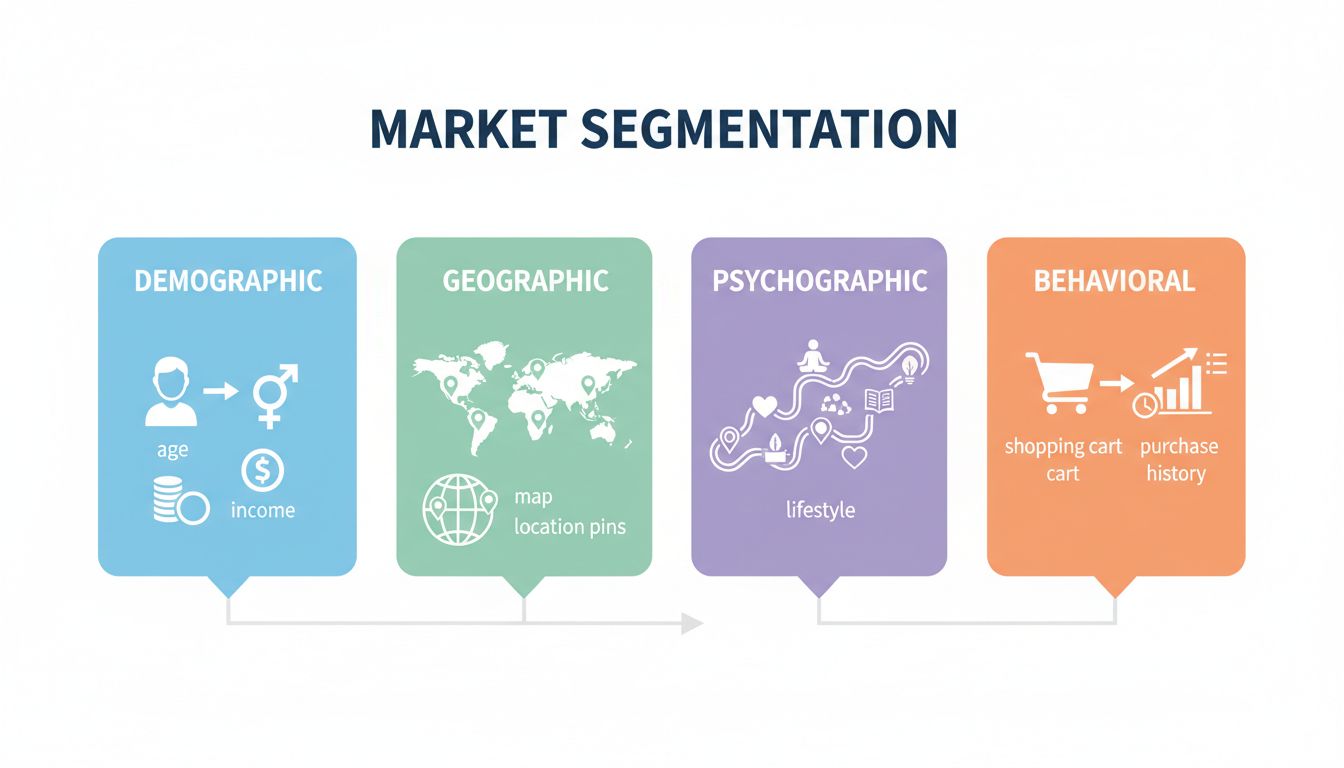 Cuatro tipos de segmentación de mercado: Demográfica, Geográfica, Psicográfica y de Comportamiento