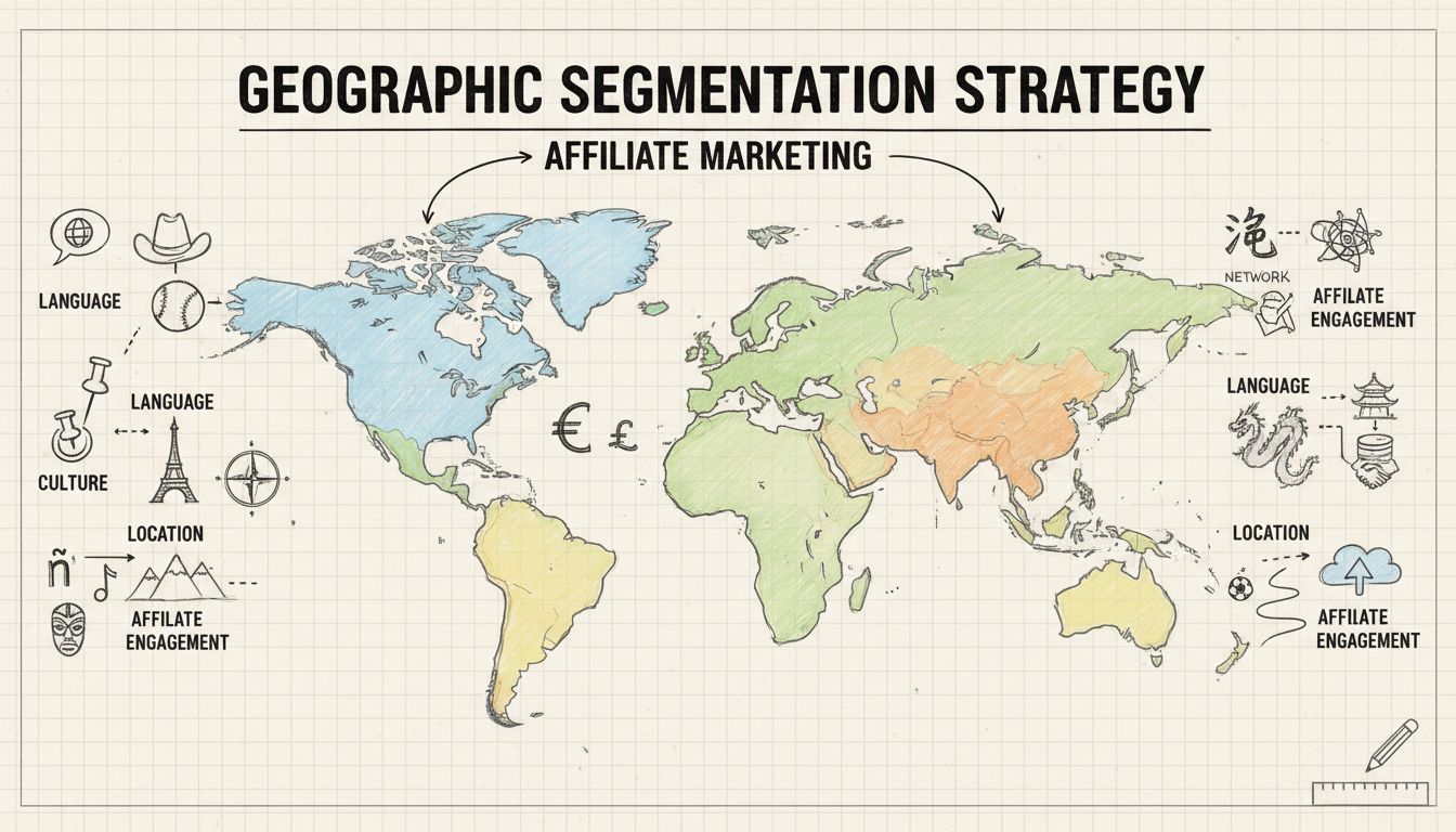 Diagrama dibujado a mano que muestra la estrategia de segmentación geográfica con mapa mundial, destacados regionales, símbolos de idioma, elementos culturales, pines de ubicación y conexiones de red de afiliados