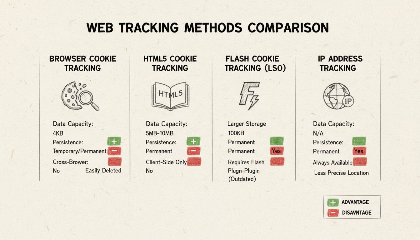 Diagrama comparativo de métodos de seguimiento mostrando cookies de navegador, almacenamiento HTML5, cookies flash y seguimiento por dirección IP con capacidad de datos, persistencia y capacidades entre navegadores
