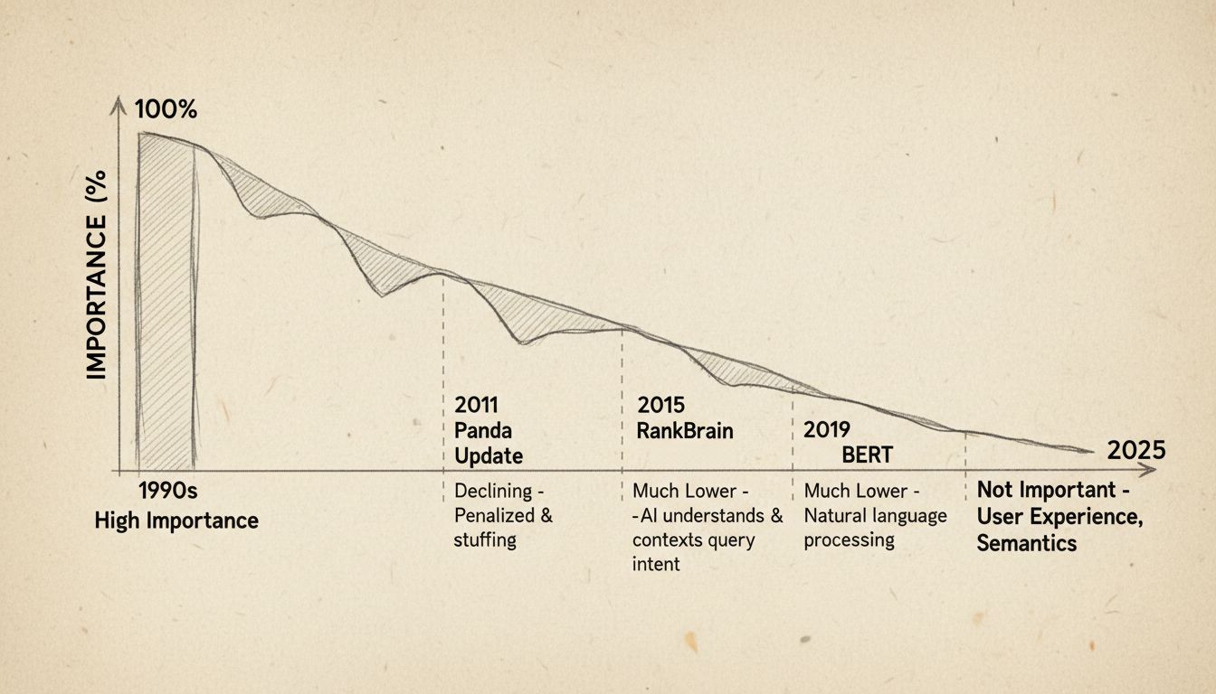 Diagrama de línea de tiempo que muestra el declive de la importancia de la densidad de palabras clave desde los años 90 hasta 2025, con las principales actualizaciones de algoritmo marcadas: Panda 2011, Hummingbird 2013, RankBrain 2015 y BERT 2019