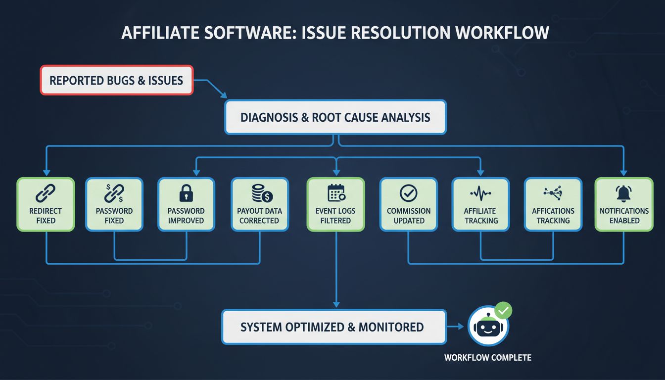 Diagrama técnico que muestra el flujo de trabajo para solución de errores y problemas en el software de afiliados Post Affiliate Pro, con iconos de enlaces de redirección, seguridad de contraseñas, datos de pagos, registros de eventos, estado de comisiones, seguimiento de actividad de afiliados y notificaciones de día de pago