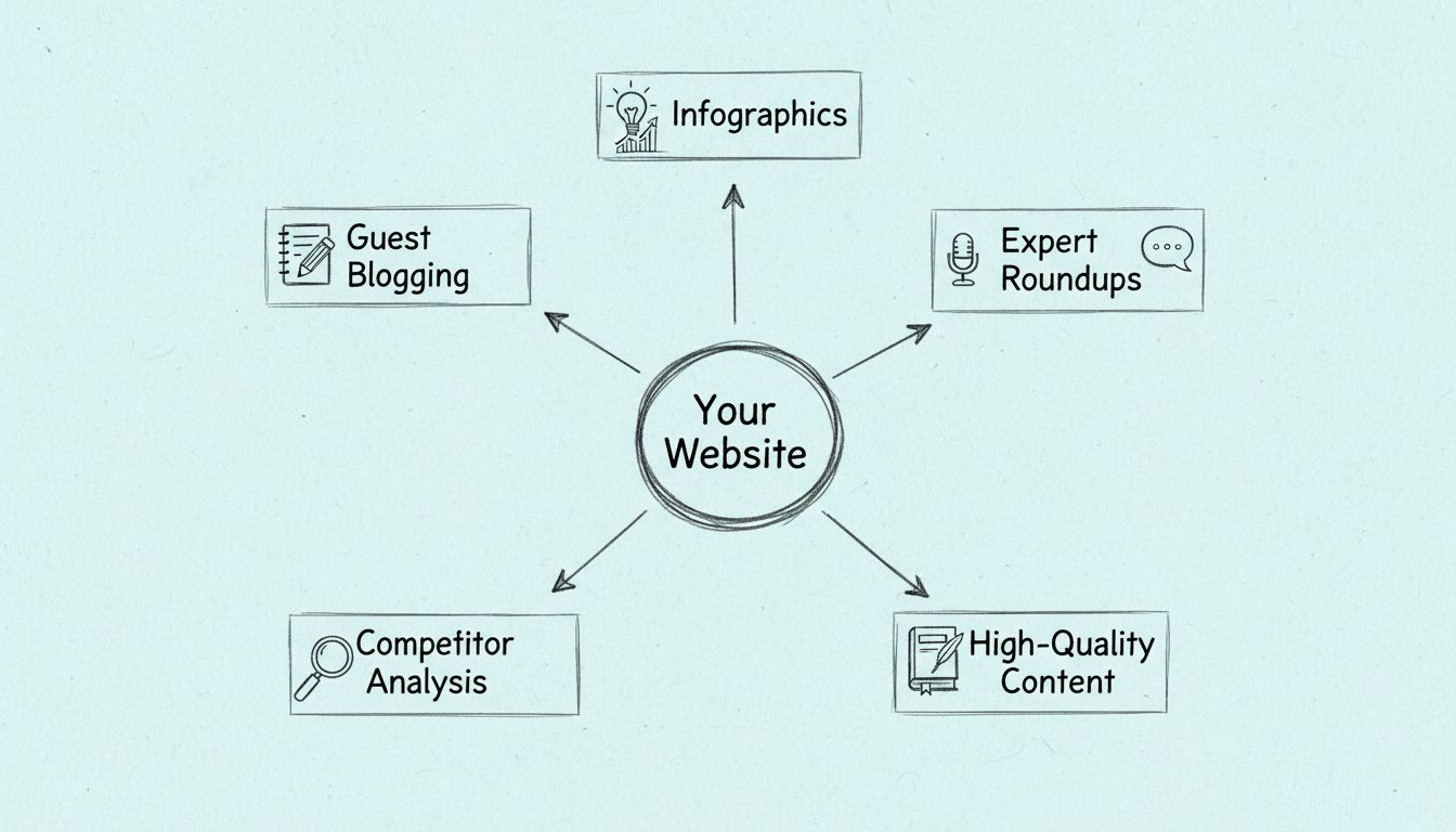 Diagrama dibujado a mano que muestra estrategias efectivas para la construcción de backlinks con un centro central conectado a guest blogging, infografías, recopilaciones de expertos, análisis de la competencia y contenido de alta calidad