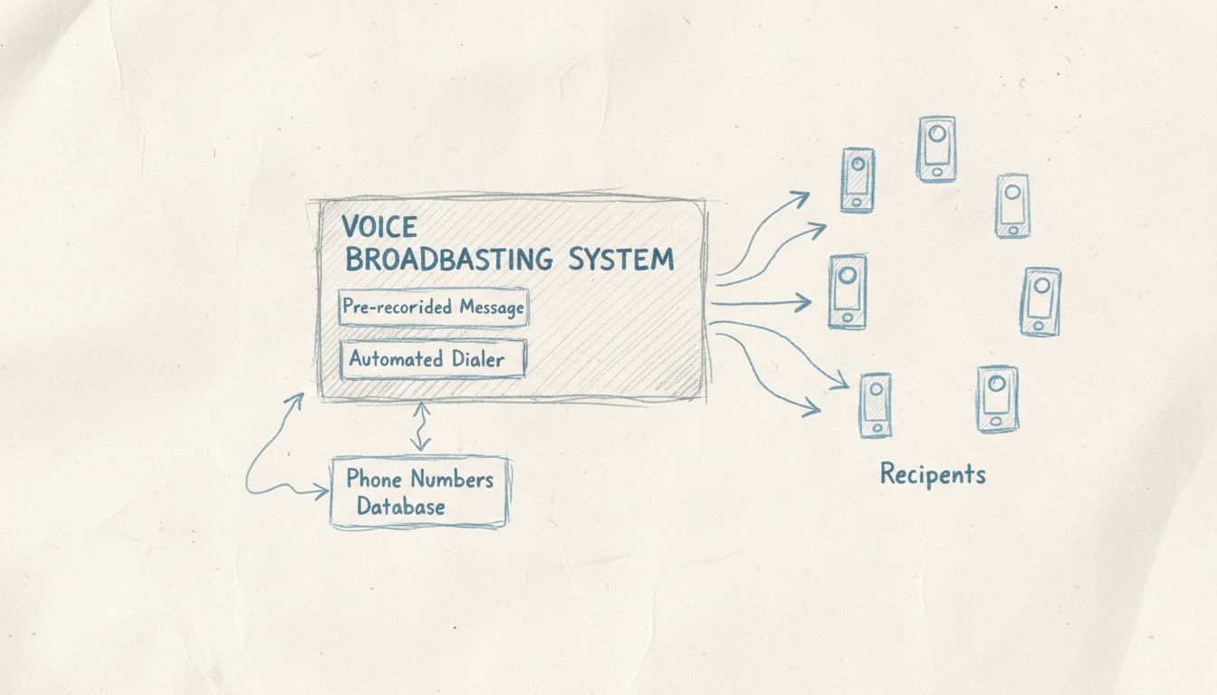 Diagrama de arquitectura de sistema de difusión por voz mostrando un servidor central con un marcador automático conectado a múltiples destinatarios telefónicos