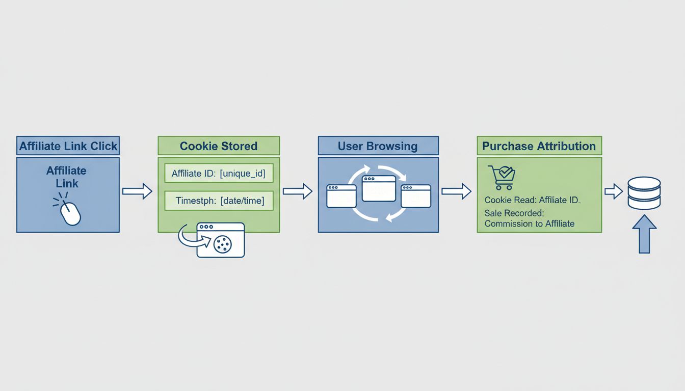 Diagrama de flujo del seguimiento por cookies mostrando el clic en el enlace de afiliado, almacenamiento de la cookie, navegación del usuario y proceso de atribución de compra