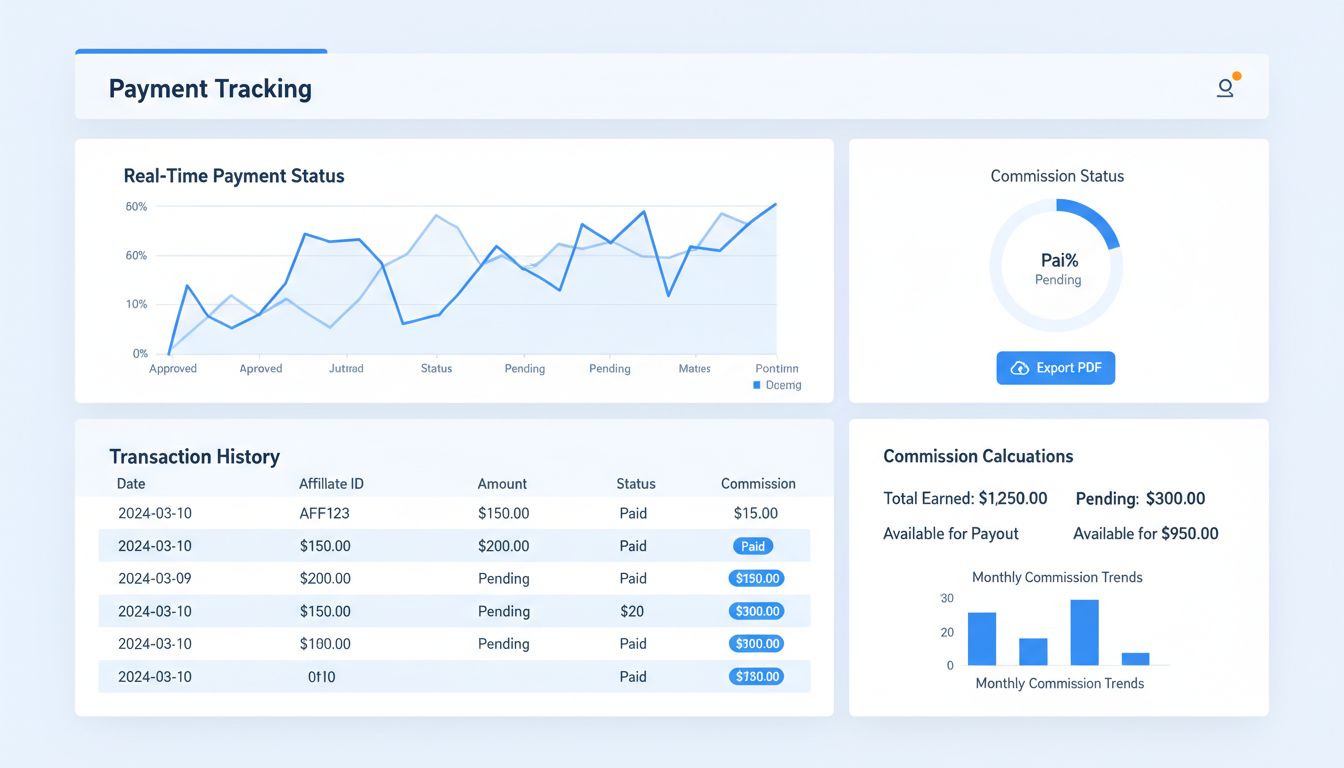 Panel de control de seguimiento de pagos en software de afiliados mostrando estado de pagos en tiempo real, historial de transacciones y funcionalidad de exportación a PDF