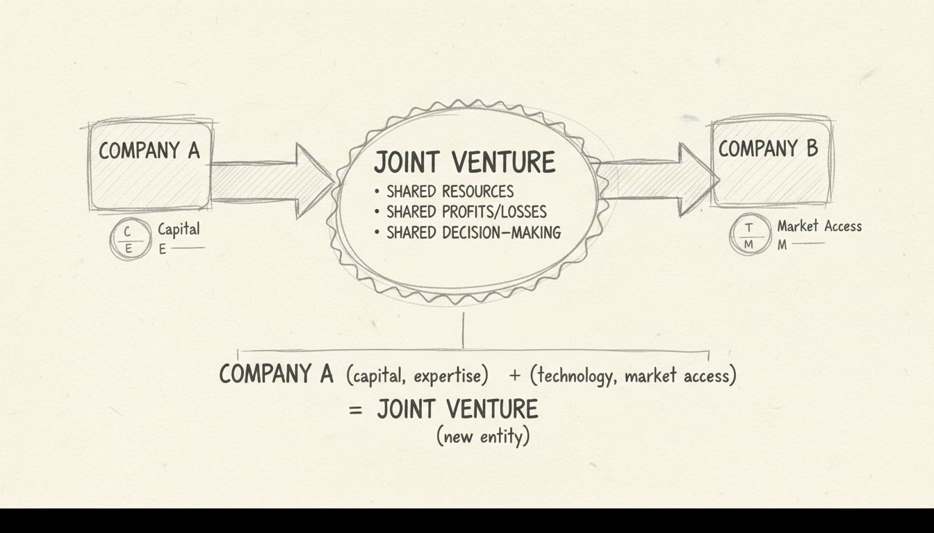 Diagrama a mano alzada que muestra cómo funcionan las empresas conjuntas con dos empresas aportando recursos a una entidad central