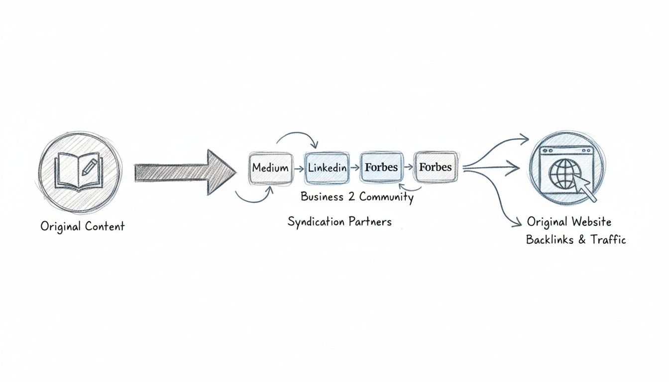 Diagrama del flujo de trabajo de sindicación de contenido mostrando el contenido original fluyendo hacia múltiples socios de sindicación y el tráfico regresando al sitio web original