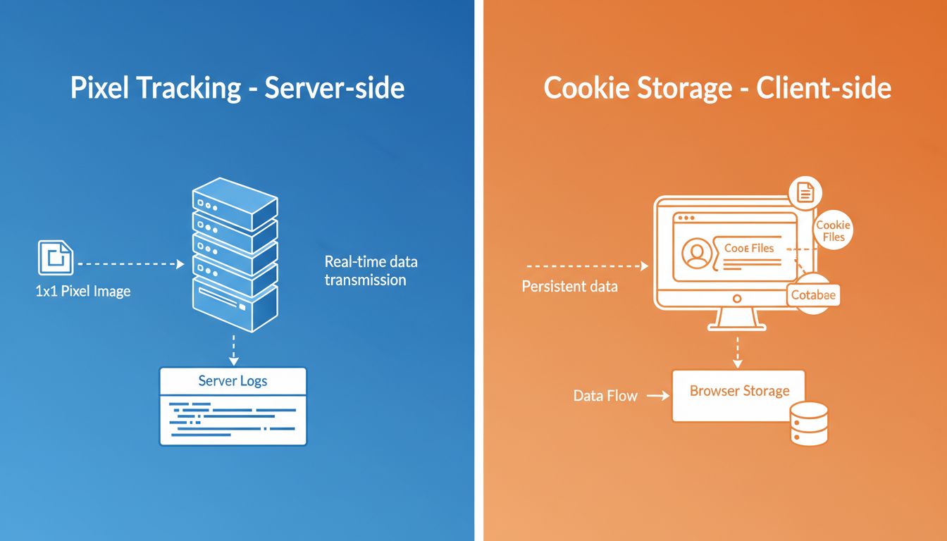 Diagrama técnico que compara la transmisión de datos del seguimiento por píxel del lado del servidor frente al almacenamiento de cookies en el navegador