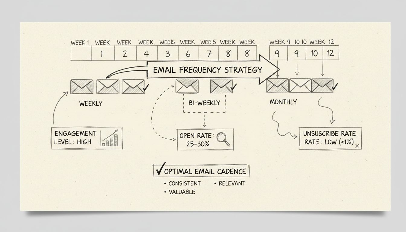 Diagrama de estrategia de frecuencia de correos mostrando cadencias semanal, quincenal y mensual con métricas de interacción
