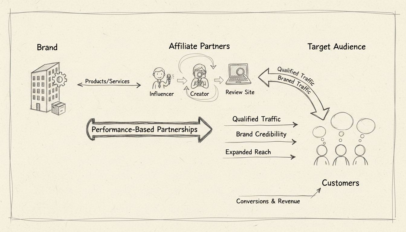 Diagrama del ecosistema de marketing de afiliados mostrando conexiones entre la marca, socios afiliados y audiencias objetivo con alianzas basadas en resultados y flujo de tráfico calificado