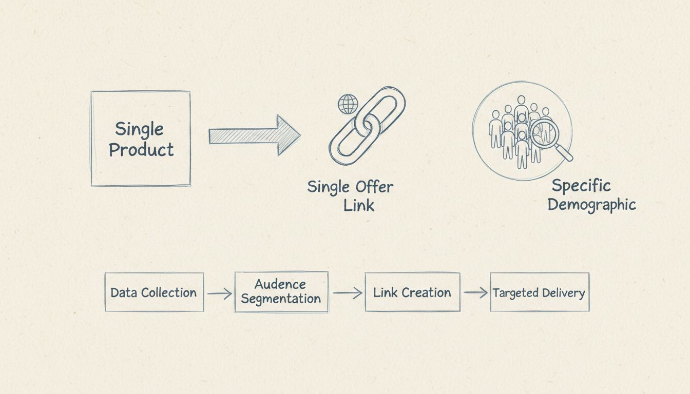 Diagrama hecho a mano que muestra el flujo de trabajo de la oferta individual: Producto único para demografía específica a través de un enlace de oferta único, con flujo que muestra Recopilación de datos, Segmentación de audiencia, Creación de enlace y Entrega dirigida