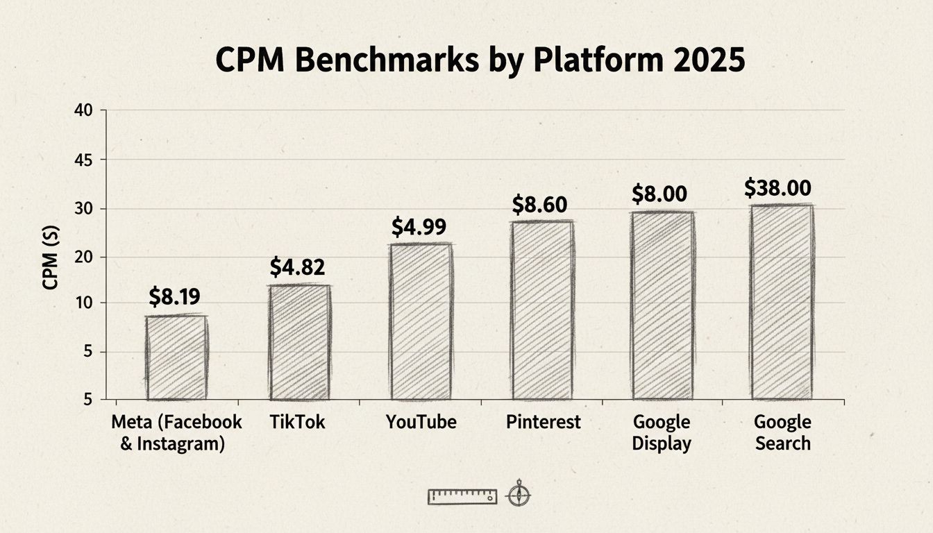 Referencias de CPM por plataforma 2025 - Esquema dibujado a mano mostrando los CPM promedio en Meta, TikTok, YouTube, Snapchat, Pinterest, Google Display y Google Search