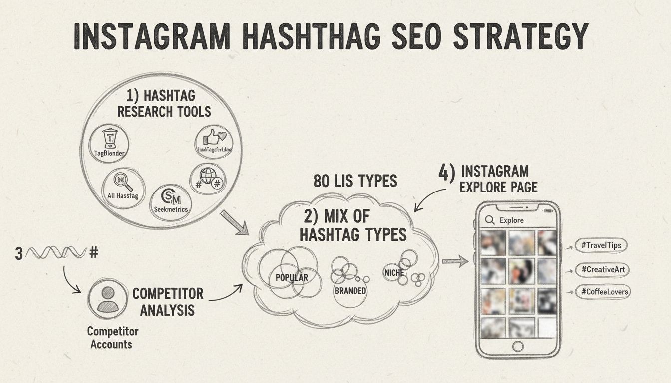 Infografía sobre la estrategia de investigación de hashtags en Instagram mostrando herramientas de hashtags, tipos y análisis de la competencia