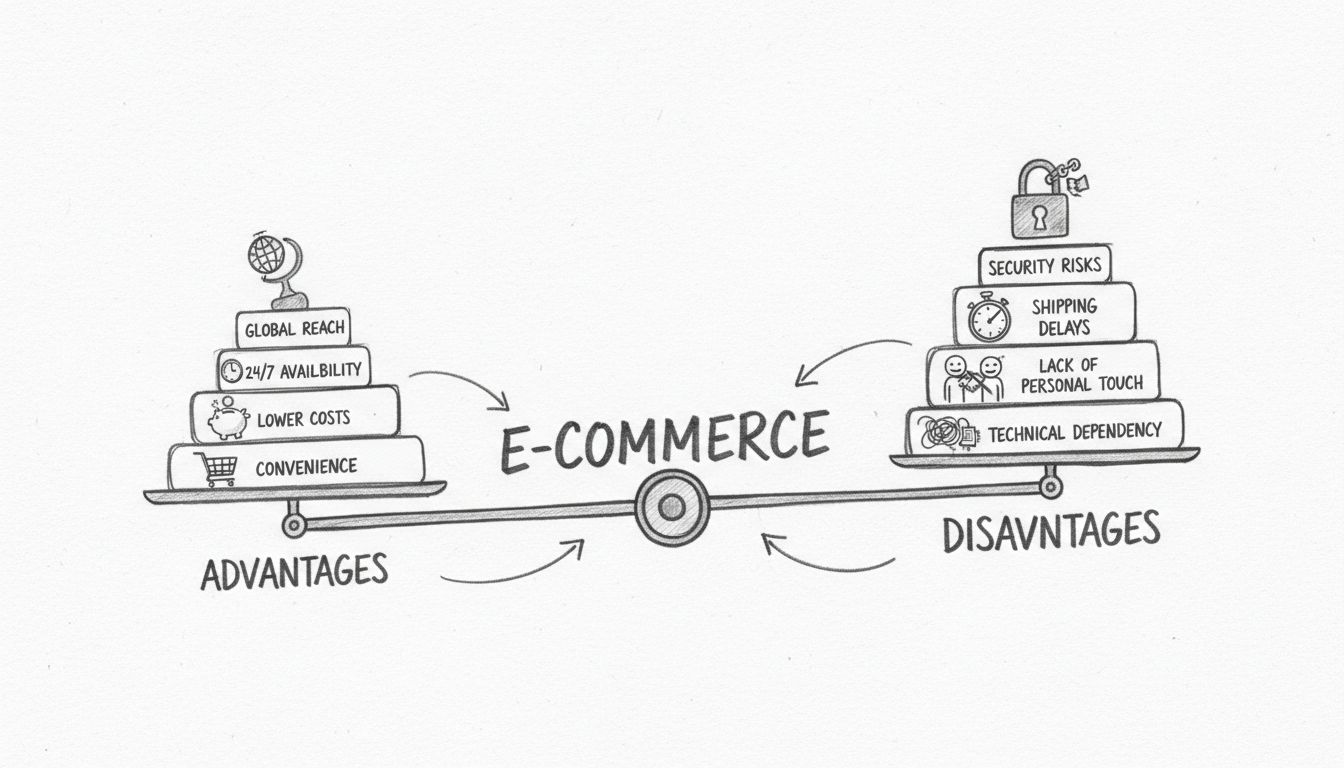 Hand-drawn diagram showing balanced scale of e-commerce advantages and disadvantages with icons for global reach, security, costs, and customer service