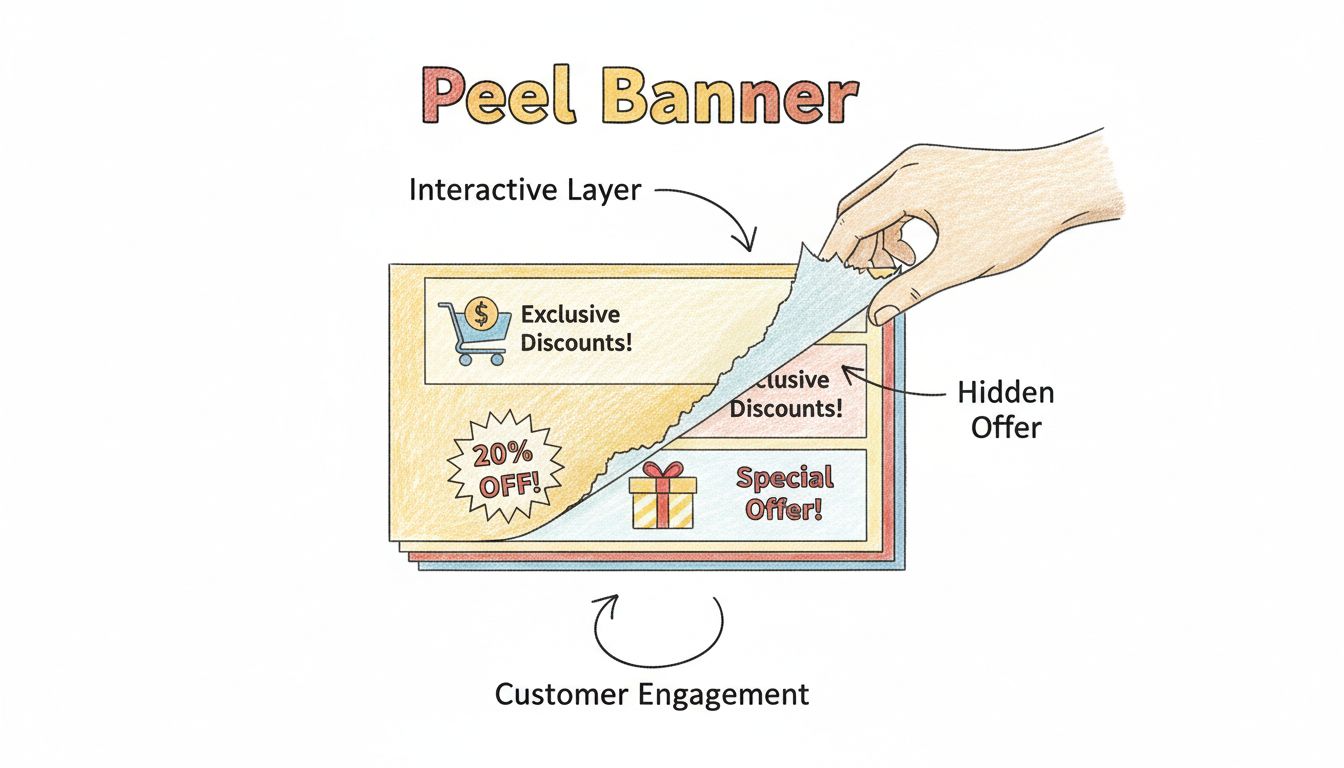Diagrama dibujado a mano que muestra cómo funcionan los banners desplegables con capas interactivas que revelan contenido promocional oculto y participación del cliente