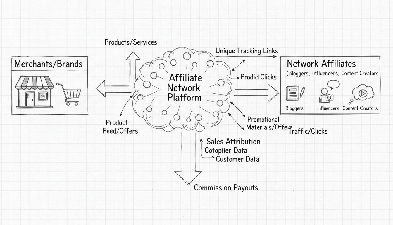 Diagrama del ecosistema de afiliados de red mostrando comerciantes, plataforma de red de afiliados y afiliados de red con enlaces de seguimiento y flujos de comisión